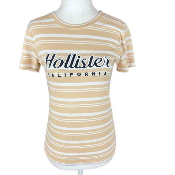 HOLLISTER CASUAL STRIPED SHORT SLEEVE EMBROIDERED CREW NECK BROWN SIZE XS - Picture 1 of 11